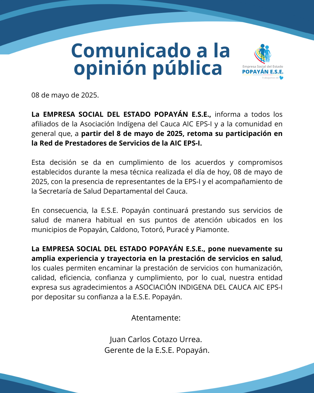Comunicado a la opinión pública reingreso de servicios con la EPS-I